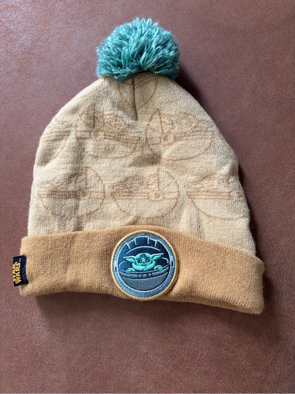 Funko Kids Tan Beanie with Teal Pom Pom and Grogu Patch
